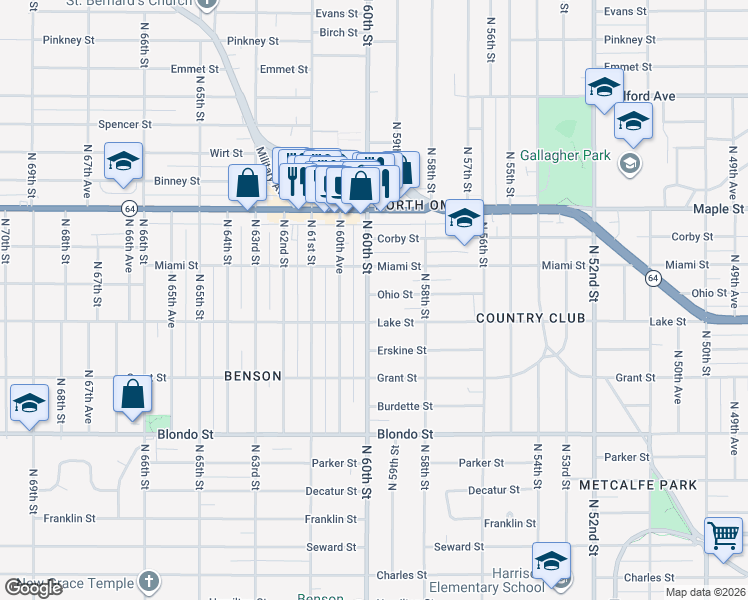 map of restaurants, bars, coffee shops, grocery stores, and more near 2503 North 60th Street in Omaha