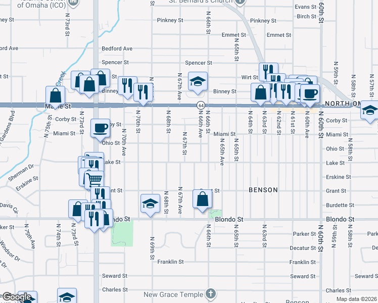 map of restaurants, bars, coffee shops, grocery stores, and more near 6702 Lake Street in Omaha