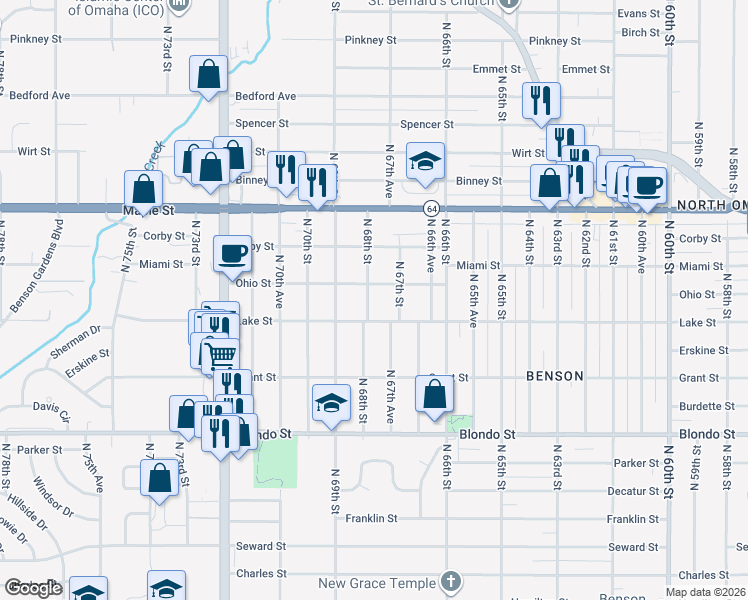 map of restaurants, bars, coffee shops, grocery stores, and more near 2520 North 68th Street in Omaha