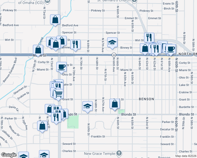 map of restaurants, bars, coffee shops, grocery stores, and more near 2520 North 68th Street in Omaha