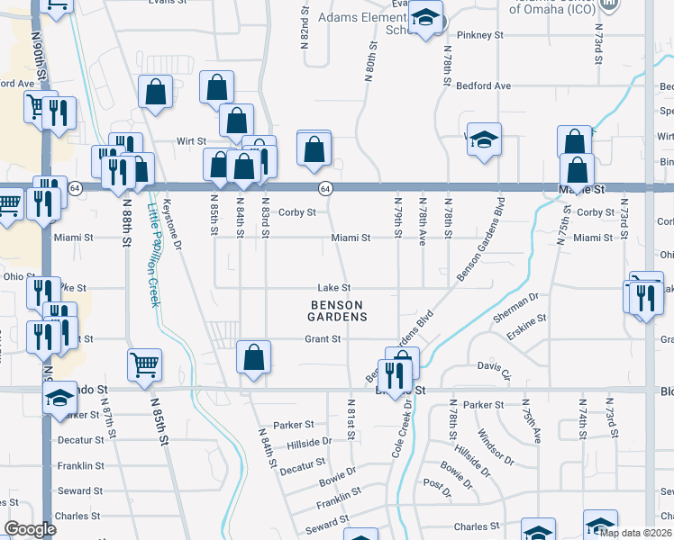 map of restaurants, bars, coffee shops, grocery stores, and more near 8114 Lake Street in Omaha