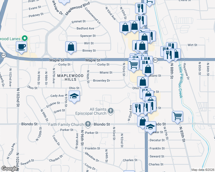 map of restaurants, bars, coffee shops, grocery stores, and more near 9385 Ohio Street in Omaha