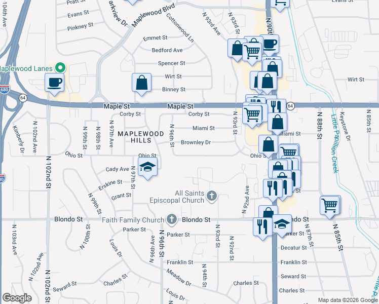 map of restaurants, bars, coffee shops, grocery stores, and more near 9429 Ohio Street in Omaha