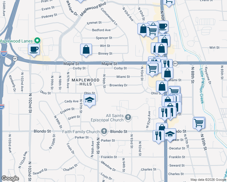 map of restaurants, bars, coffee shops, grocery stores, and more near 9429 Ohio Street in Omaha