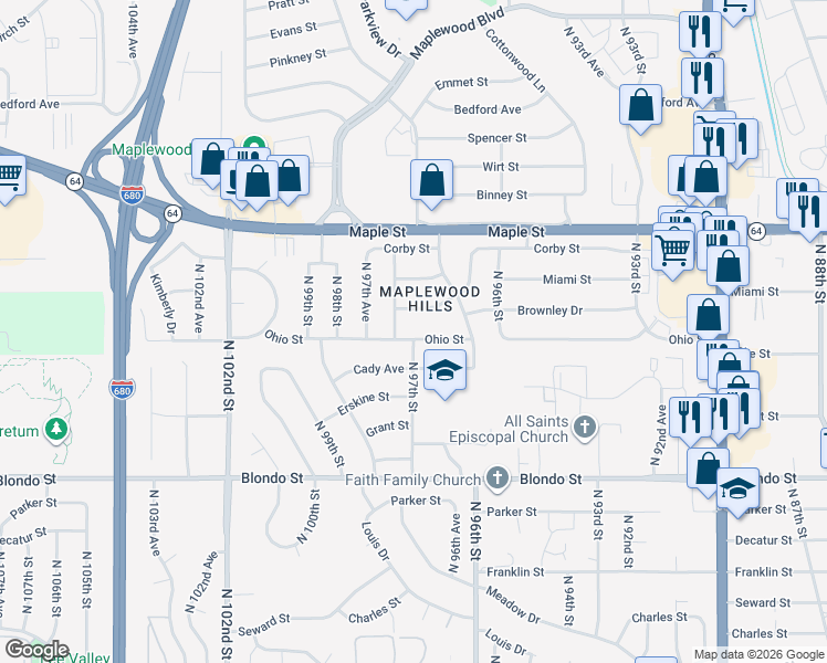 map of restaurants, bars, coffee shops, grocery stores, and more near 9631 Ohio Street in Omaha