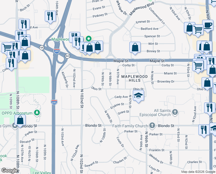 map of restaurants, bars, coffee shops, grocery stores, and more near 9773 Ohio Street in Omaha