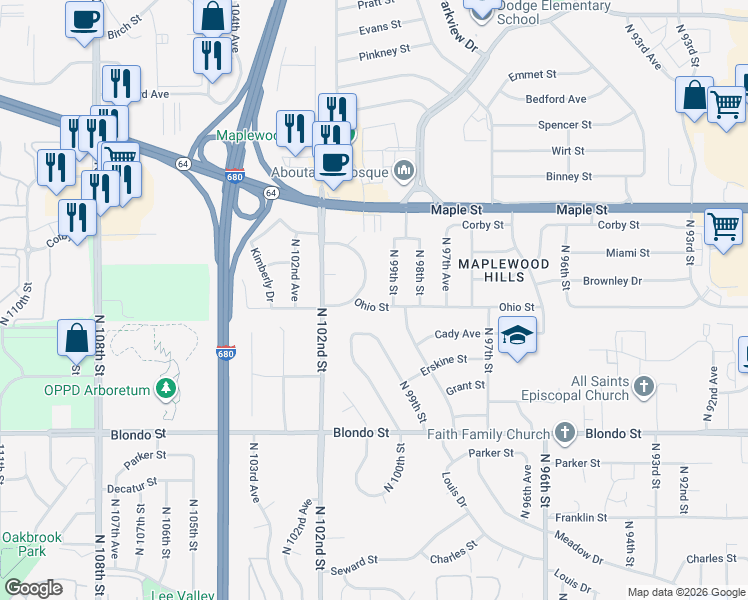 map of restaurants, bars, coffee shops, grocery stores, and more near 9909 Ohio Street in Omaha