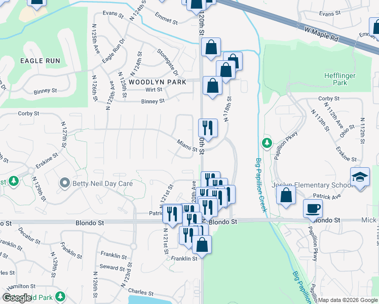 map of restaurants, bars, coffee shops, grocery stores, and more near 12063 Ohio Circle in Omaha