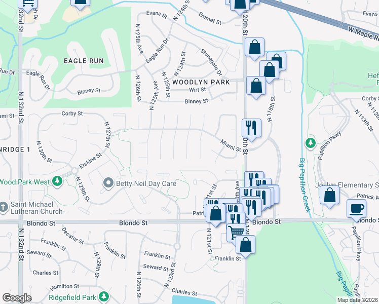 map of restaurants, bars, coffee shops, grocery stores, and more near 2607 North 123rd Circle in Omaha