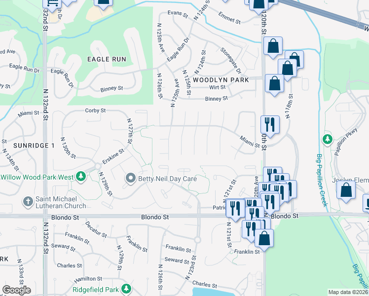 map of restaurants, bars, coffee shops, grocery stores, and more near 2602 North 125th Circle in Omaha