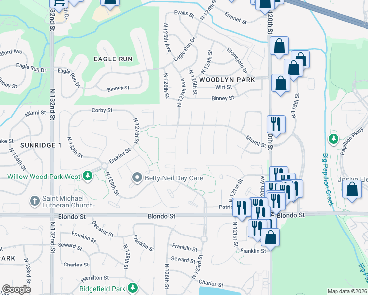 map of restaurants, bars, coffee shops, grocery stores, and more near 2602 North 125th Circle in Omaha