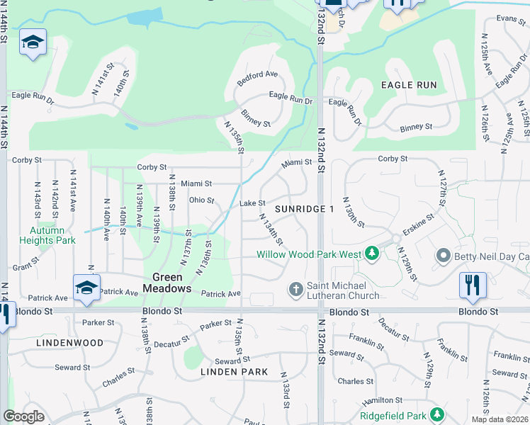 map of restaurants, bars, coffee shops, grocery stores, and more near 2458 North 134th Street in Omaha