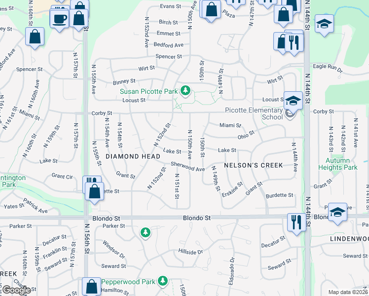 map of restaurants, bars, coffee shops, grocery stores, and more near 15063 Lake Street in Omaha