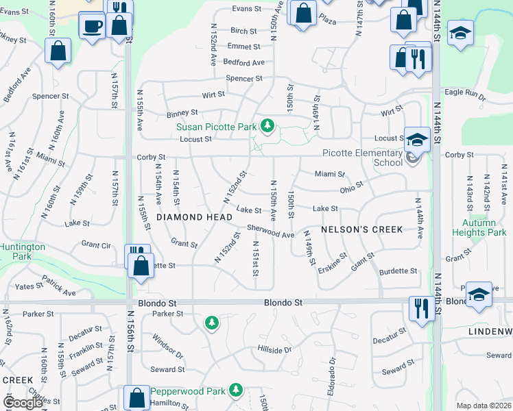 map of restaurants, bars, coffee shops, grocery stores, and more near 15063 Lake Street in Omaha