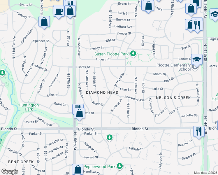 map of restaurants, bars, coffee shops, grocery stores, and more near 2458 North 153rd Avenue in Omaha