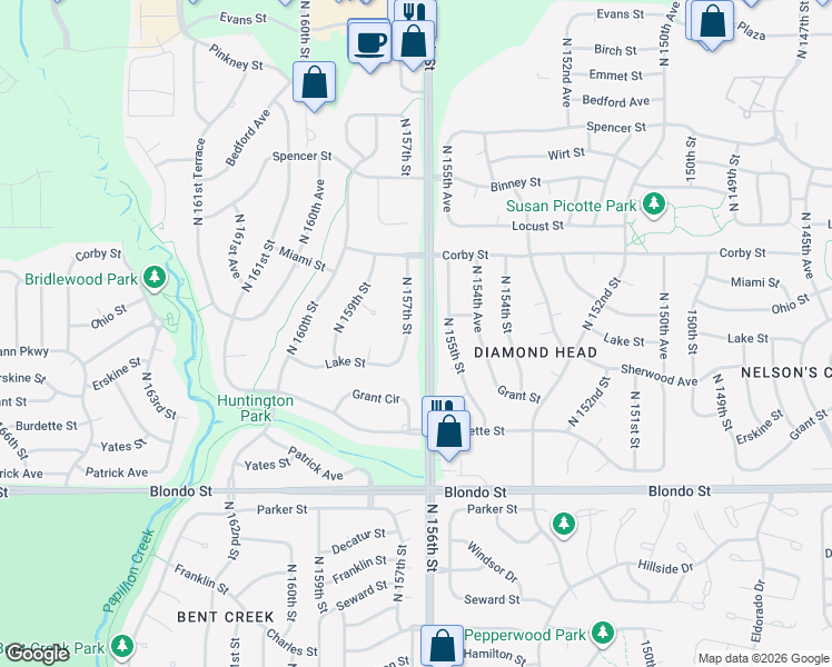 map of restaurants, bars, coffee shops, grocery stores, and more near 2505 North 157th Street in Omaha