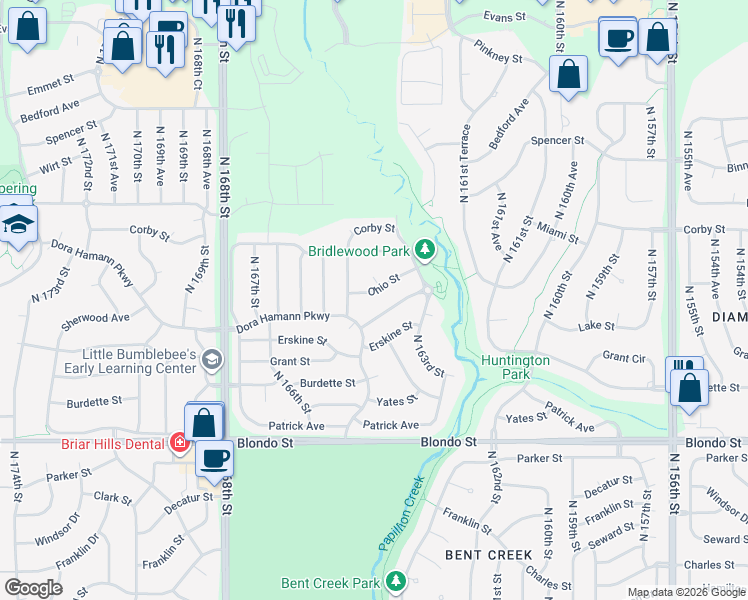 map of restaurants, bars, coffee shops, grocery stores, and more near 16426 Sherwood Avenue in Omaha