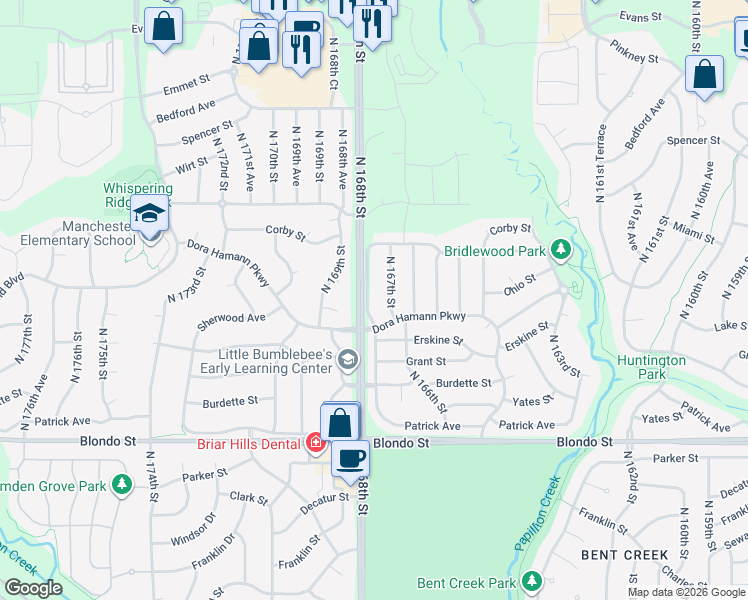 map of restaurants, bars, coffee shops, grocery stores, and more near 16752 Dora Hamann Parkway in Omaha