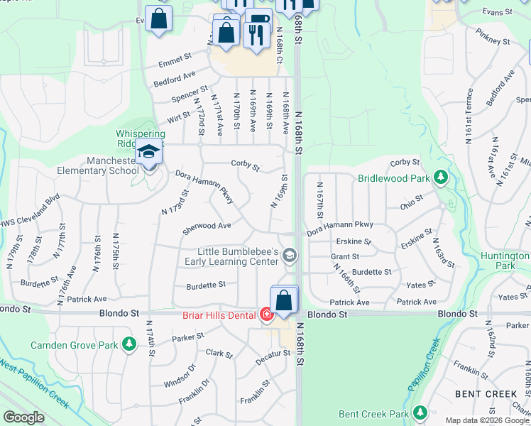 map of restaurants, bars, coffee shops, grocery stores, and more near 17006 Dora Hamann Parkway in Omaha