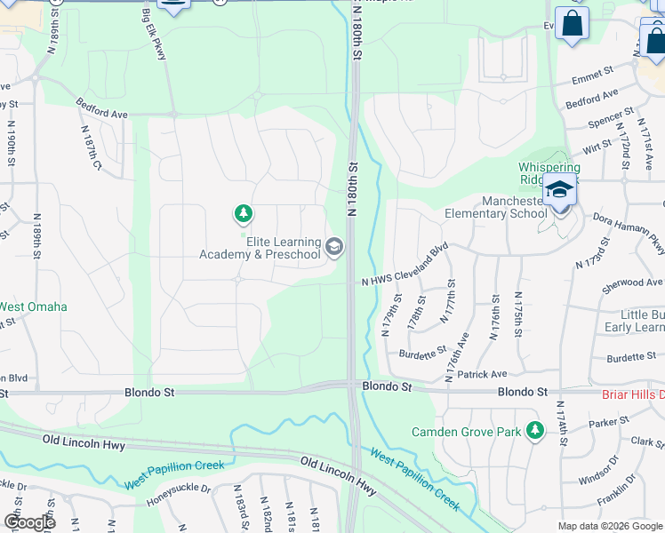 map of restaurants, bars, coffee shops, grocery stores, and more near 2350 North 180th Street in Omaha