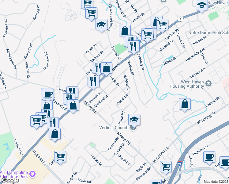 map of restaurants, bars, coffee shops, grocery stores, and more near 48 Baker Street in West Haven
