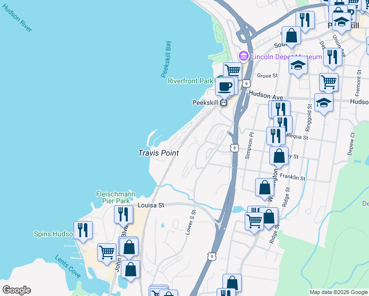 map of restaurants, bars, coffee shops, grocery stores, and more near 123 Waterside Close in Peekskill