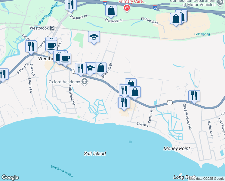 map of restaurants, bars, coffee shops, grocery stores, and more near 15 Economy Drive in Westbrook