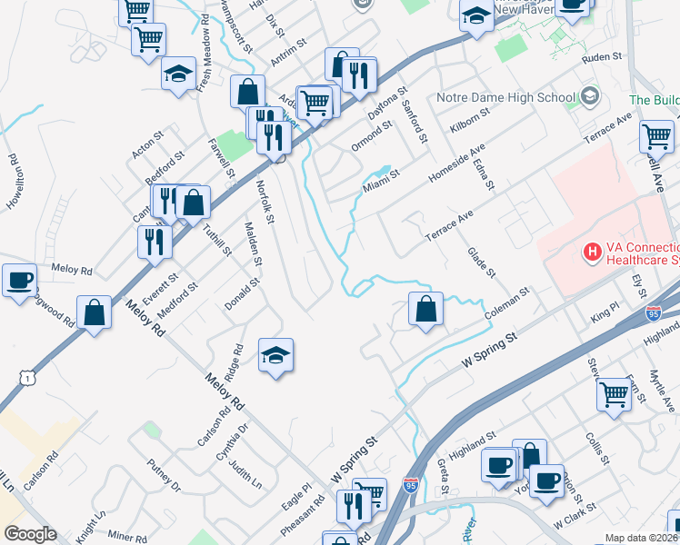 map of restaurants, bars, coffee shops, grocery stores, and more near 225R Meloy Road in West Haven