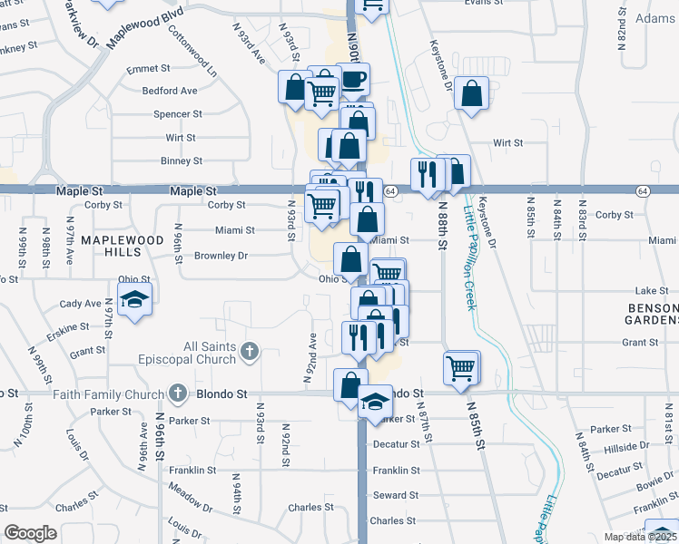 map of restaurants, bars, coffee shops, grocery stores, and more near 9039 Ohio Street in Omaha