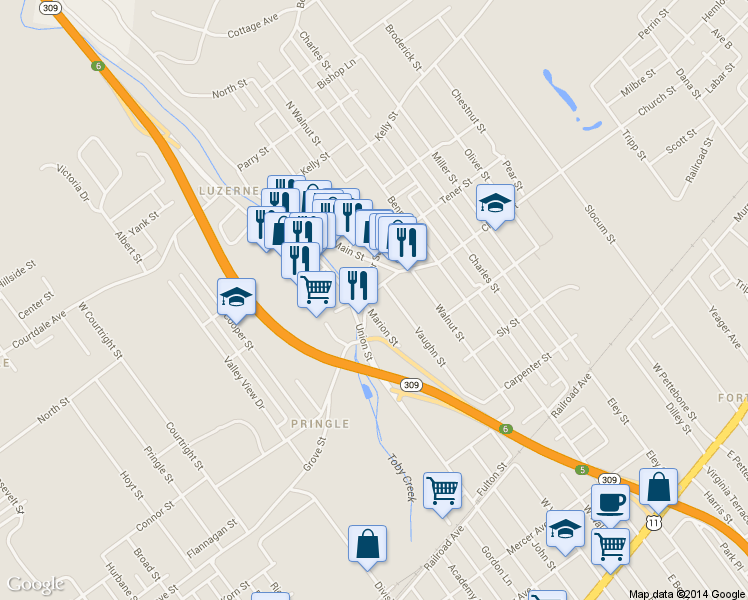 map of restaurants, bars, coffee shops, grocery stores, and more near 508 Vaughn St in Luzerne