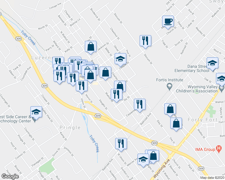 map of restaurants, bars, coffee shops, grocery stores, and more near 430 Bennett Street in Luzerne