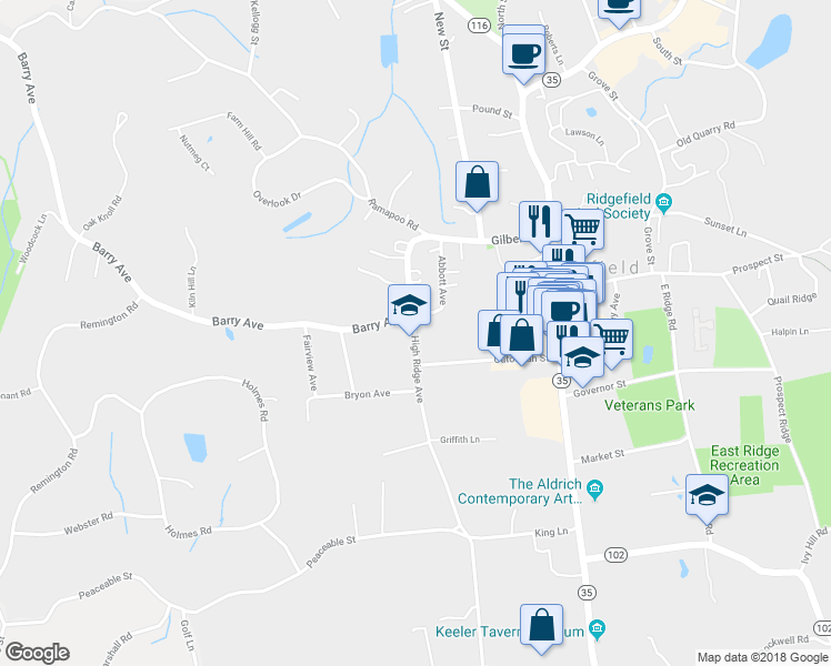 map of restaurants, bars, coffee shops, grocery stores, and more near 184 High Ridge Avenue in Ridgefield