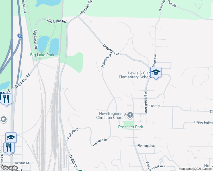 map of restaurants, bars, coffee shops, grocery stores, and more near 20 North Millard Street in Council Bluffs