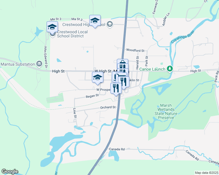 map of restaurants, bars, coffee shops, grocery stores, and more near 4619 West Prospect Street in Mantua