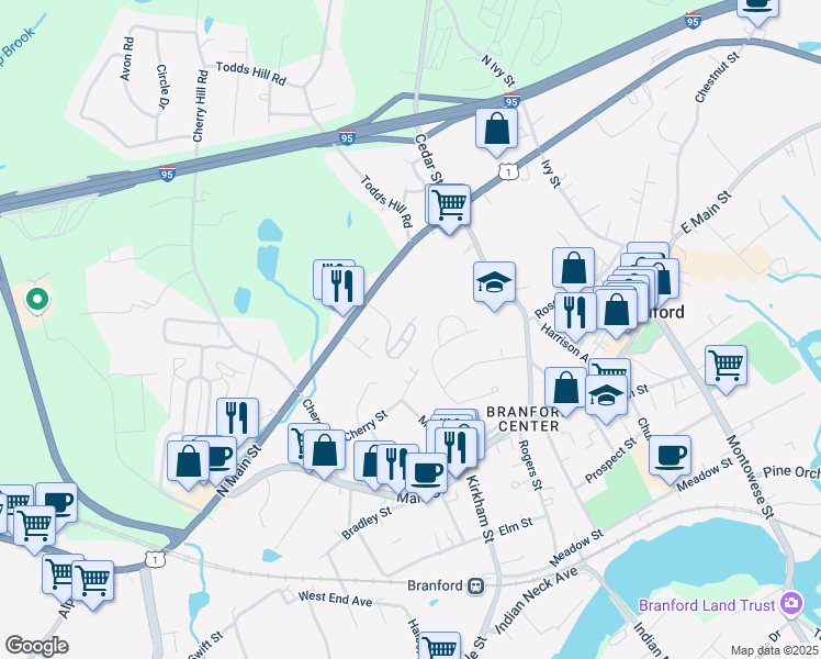 map of restaurants, bars, coffee shops, grocery stores, and more near 24 Stone Ridge Lane in Branford
