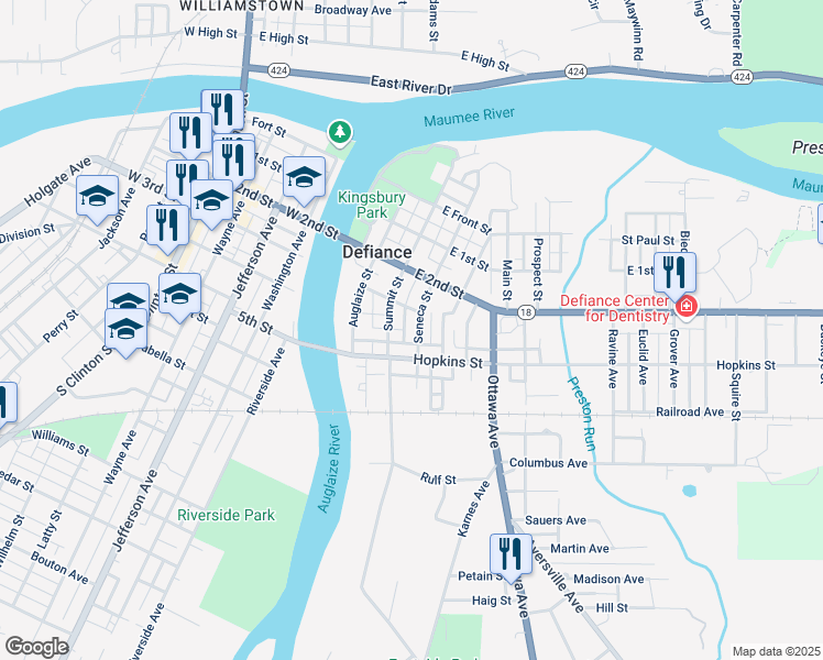 map of restaurants, bars, coffee shops, grocery stores, and more near 422 Seneca Street in Defiance
