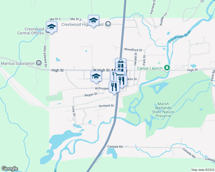 map of restaurants, bars, coffee shops, grocery stores, and more near 4619 West Prospect Street in Mantua