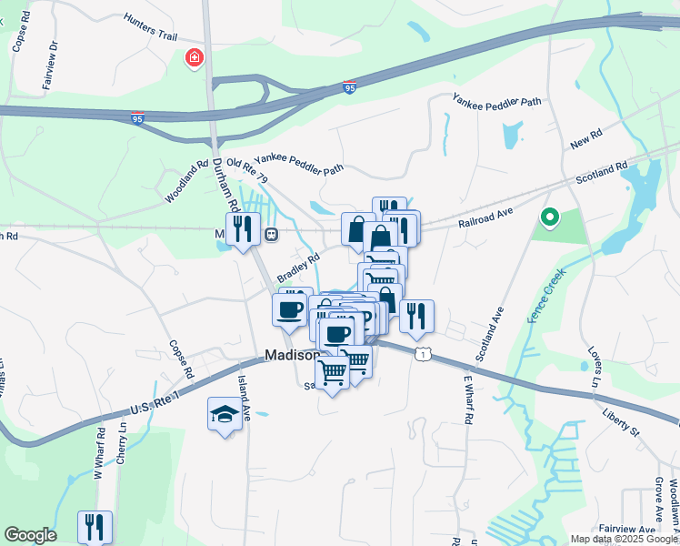 map of restaurants, bars, coffee shops, grocery stores, and more near 15 Brookside Road in Madison