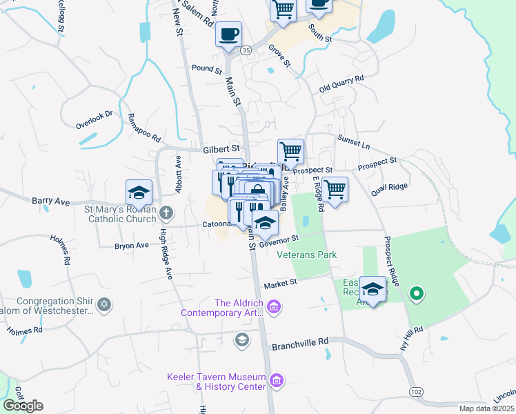 map of restaurants, bars, coffee shops, grocery stores, and more near 395-399 Main Street in Ridgefield