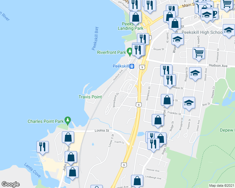 map of restaurants, bars, coffee shops, grocery stores, and more near 123 Waterside Close in Peekskill