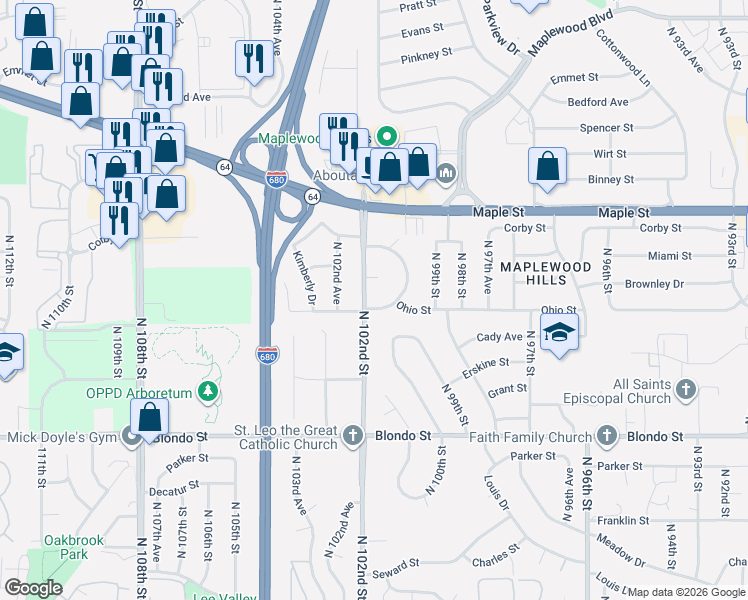 map of restaurants, bars, coffee shops, grocery stores, and more near 10205 Ohio Street in Omaha