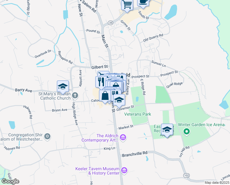 map of restaurants, bars, coffee shops, grocery stores, and more near 426 Main Street in Ridgefield