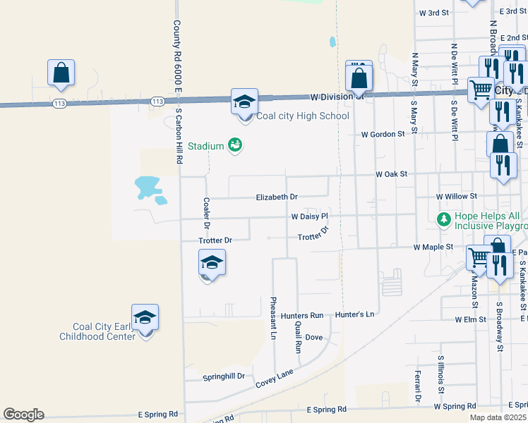 map of restaurants, bars, coffee shops, grocery stores, and more near 670 West Daisy Place in Coal City
