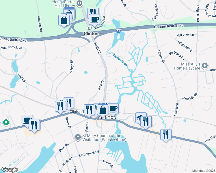 map of restaurants, bars, coffee shops, grocery stores, and more near 61 High Street in Clinton
