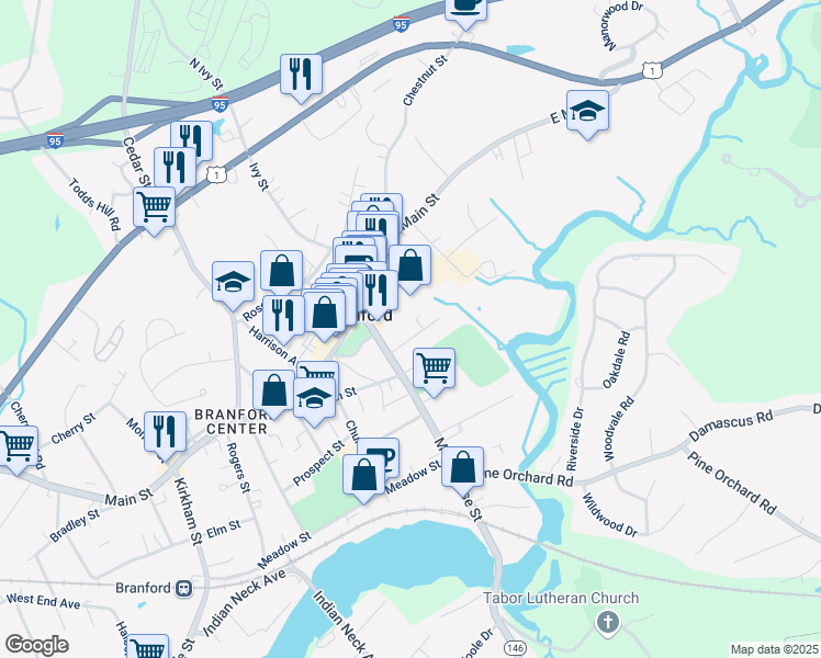 map of restaurants, bars, coffee shops, grocery stores, and more near 1171 Main Street in Branford