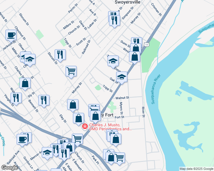 map of restaurants, bars, coffee shops, grocery stores, and more near 62 Oak Street in Forty Fort