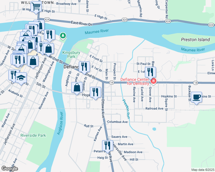 map of restaurants, bars, coffee shops, grocery stores, and more near 601 East 2nd Street in Defiance