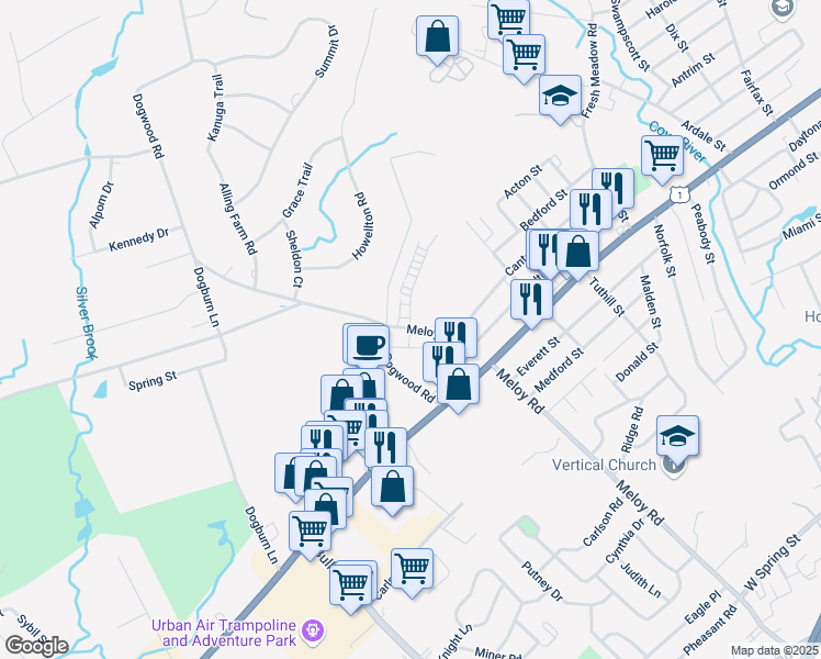 map of restaurants, bars, coffee shops, grocery stores, and more near Meloy Rd & Knox St in West Haven