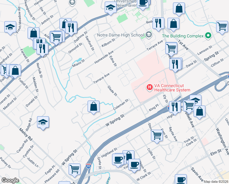 map of restaurants, bars, coffee shops, grocery stores, and more near 29 Glade Street in West Haven