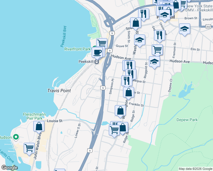 map of restaurants, bars, coffee shops, grocery stores, and more near 113 Requa Street in Peekskill